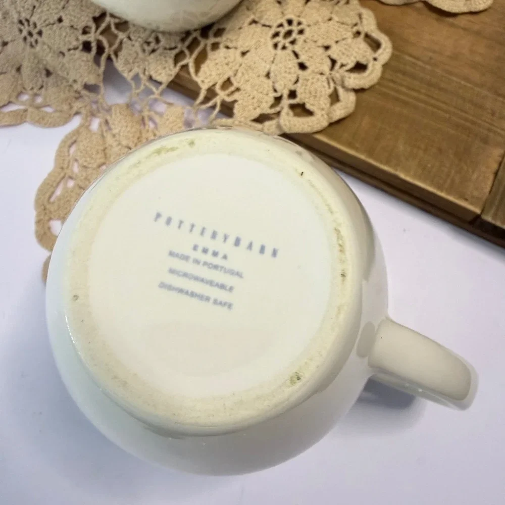 Pottery Barn Emma Off White Beaded Rim Coffee Mugs Set of 4 Made in Portugal